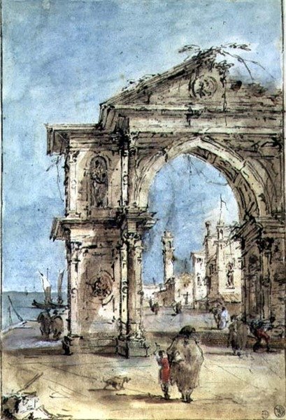 Triumfbåge på banvallen (penna och brunt bläck, tvätt, akvarell, förhöjd med vitt) av Francesco Guardi