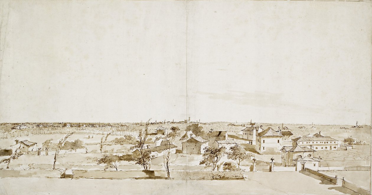 Utsikt över trädgården i Villa Loredan (penna och brunt bläck med brun tvätt på vitt papper) av Francesco Guardi