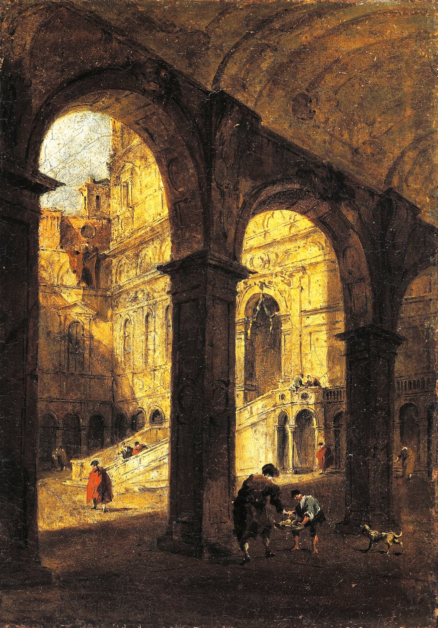 Utsikt över innergården till Palazzo Ducale och jättetrappan (Scala dei Giganti), i Venedig, ca 1780, av Francesco Guardi (1712-1793), olja på duk, 26x39 cm. av Francesco Guardi