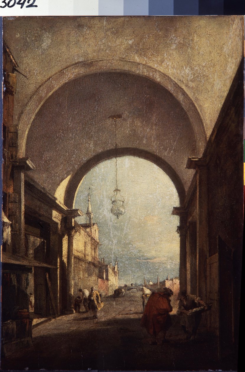 Utsikt över Venedig (stadsvy). Målning av Francesco Guardi (1712-1793), cirka 1770. Olja på trä. Venetiansk konst i rokokostil. Eremitagemuseet Sankt Petersburg. av Francesco Guardi
