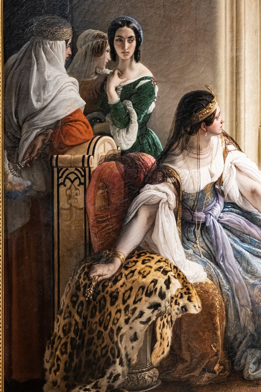 Giorgio Cornaro, skickad till Cypern av Republiken Venedig, informerar drottning Caterina Cornaro, en av hans släktingar, att hon inte längre äger sin regeringstid eftersom lejonstandarden vinkar på öns fästning av Francesco Hayez