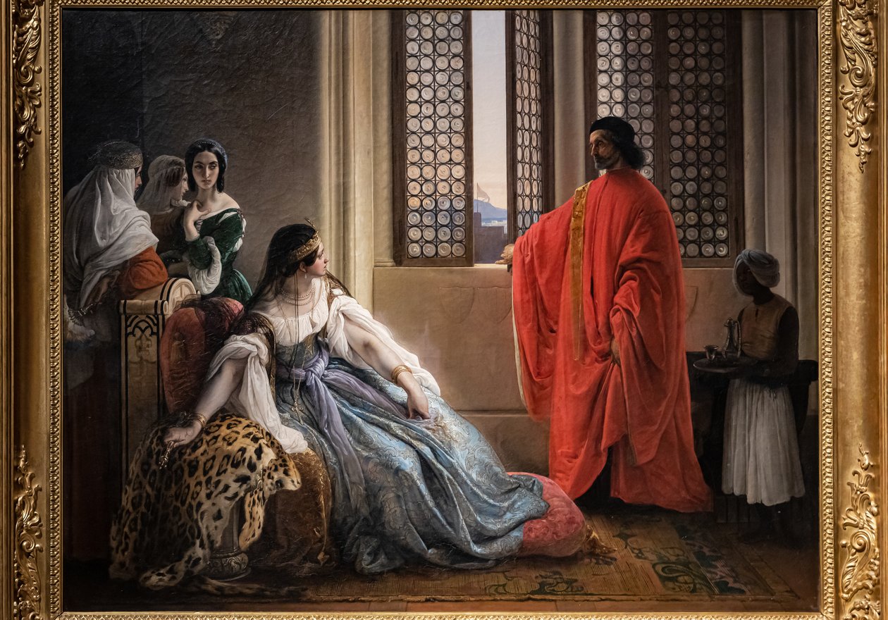 Giorgio Cornaro, skickad till Cypern av Republiken Venedig, informerar drottning Caterina Cornaro, en av hans släktingar, att hon inte längre äger sin regeringstid eftersom lejonstandarden vinkar på öns fästning av Francesco Hayez