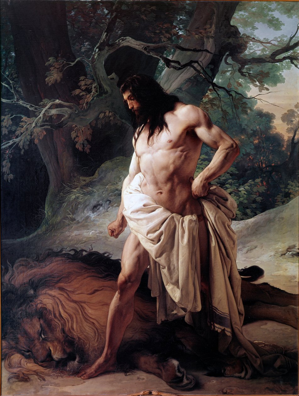 Samson tittar på lejonet han just dödade med bara händer (olja på duk av Francesco Hayez