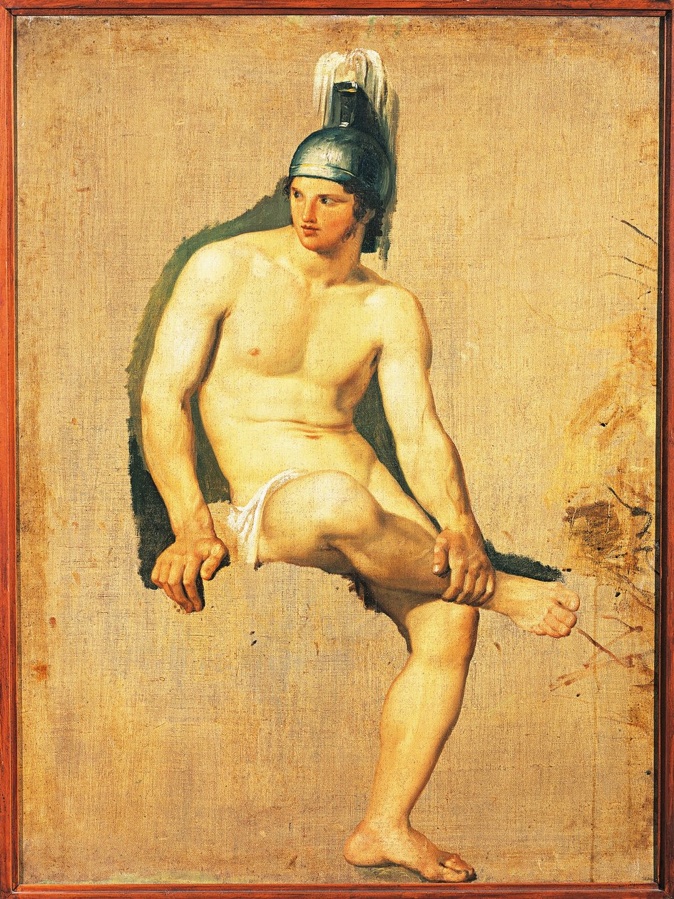Studie av naken krigare sittande med hjälm på huvudet, av Francesco Hayez, olja på duk av Francesco Hayez