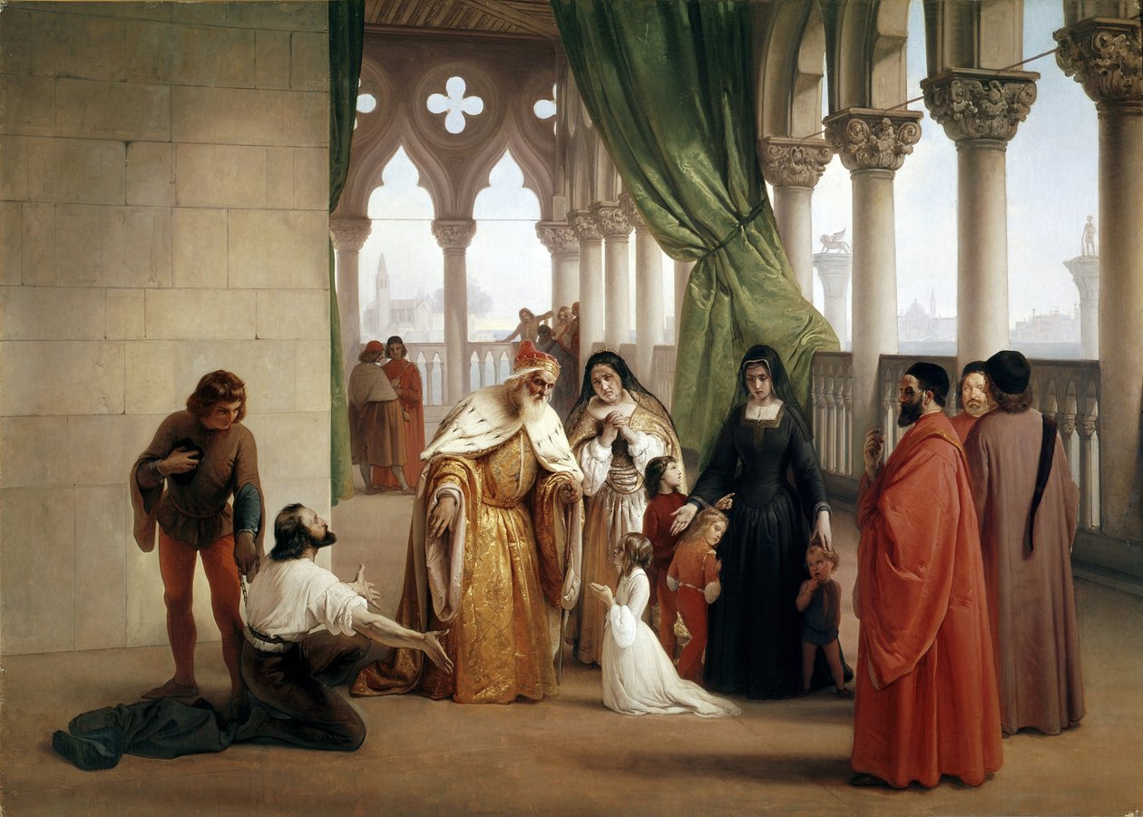 The Two Foscari: Francesco Foscari, doge av Venedig som förvisar sin son Jacopo anklagad för förrädisk korrespondens medan han var i exil (olja på duk, cirka 1852) av Francesco Hayez