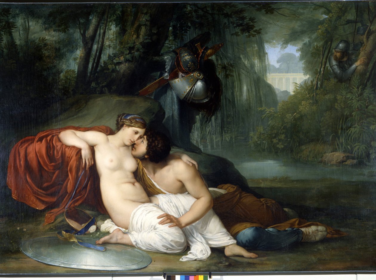 Kärleken till Renaud och Armide Illustration av en scen av "La Jerusalem delivree" (La gerusalemme liberata) av Torquato Tasso (känd som Muggen). Den förtrollande Armide omgiven av mycket symboliska Amours seduit med hjälp av sin magiska spegel riddaren Re av Francesco Hayez