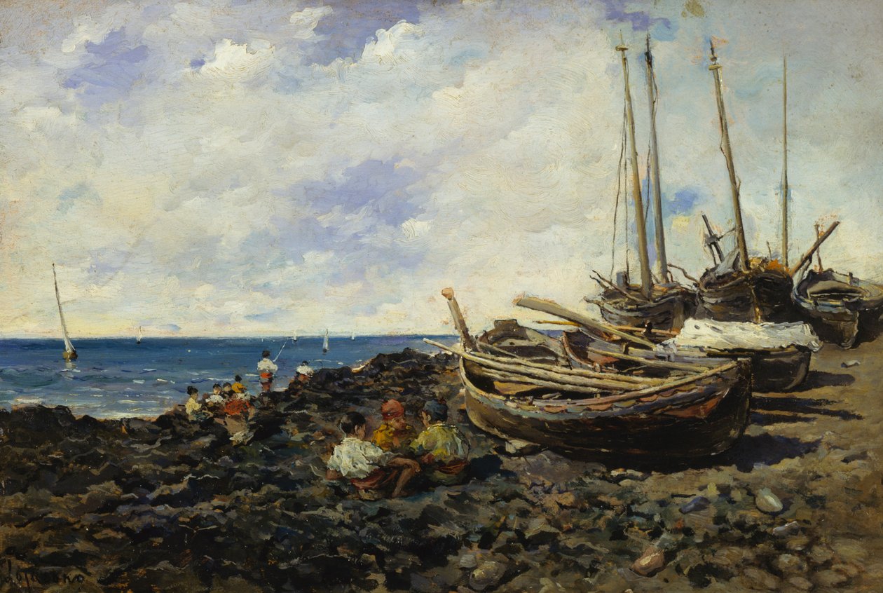 Fiskare med båtar på stranden av Francesco Lojacono