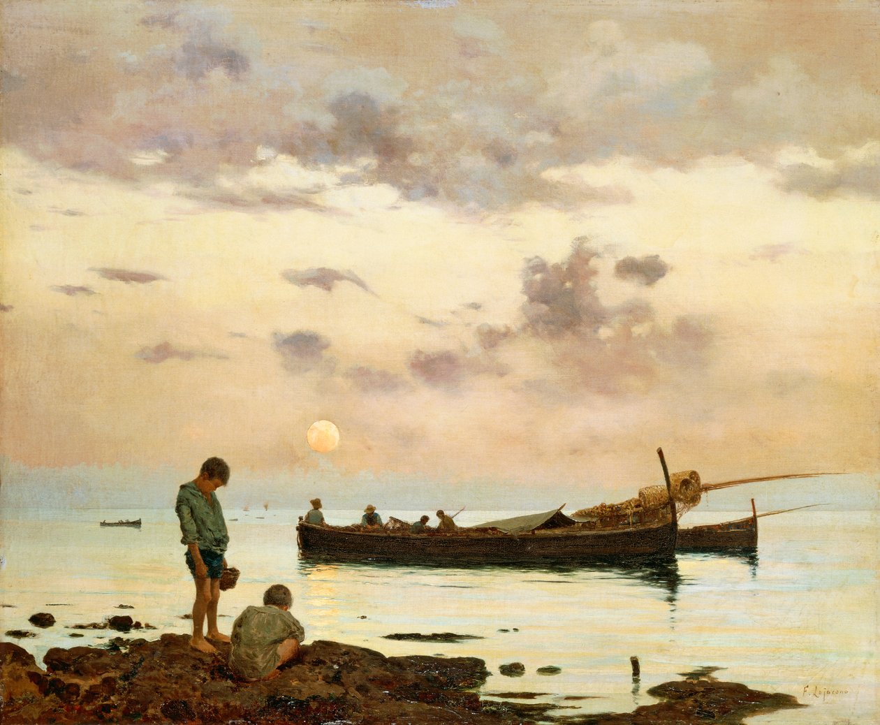 Marina med fiskebåt och pojkar, av Francesco Lojacono (1838-1915), olja på duk, 64x77 cm av Francesco Lojacono