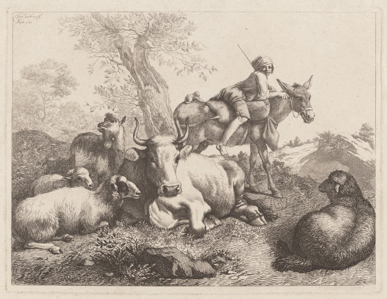 Pojke på en åsna som vakar över en grupp djur, 1763. av Francesco Londonio