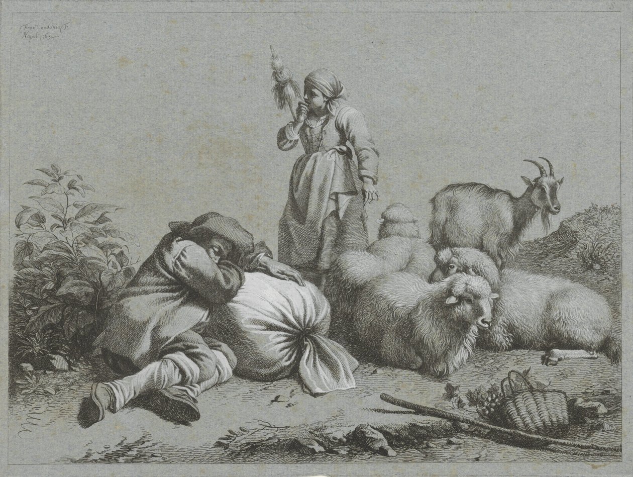 Herde och herdinna med får och get Shepherd-scener (serietitel) av Francesco Londonio