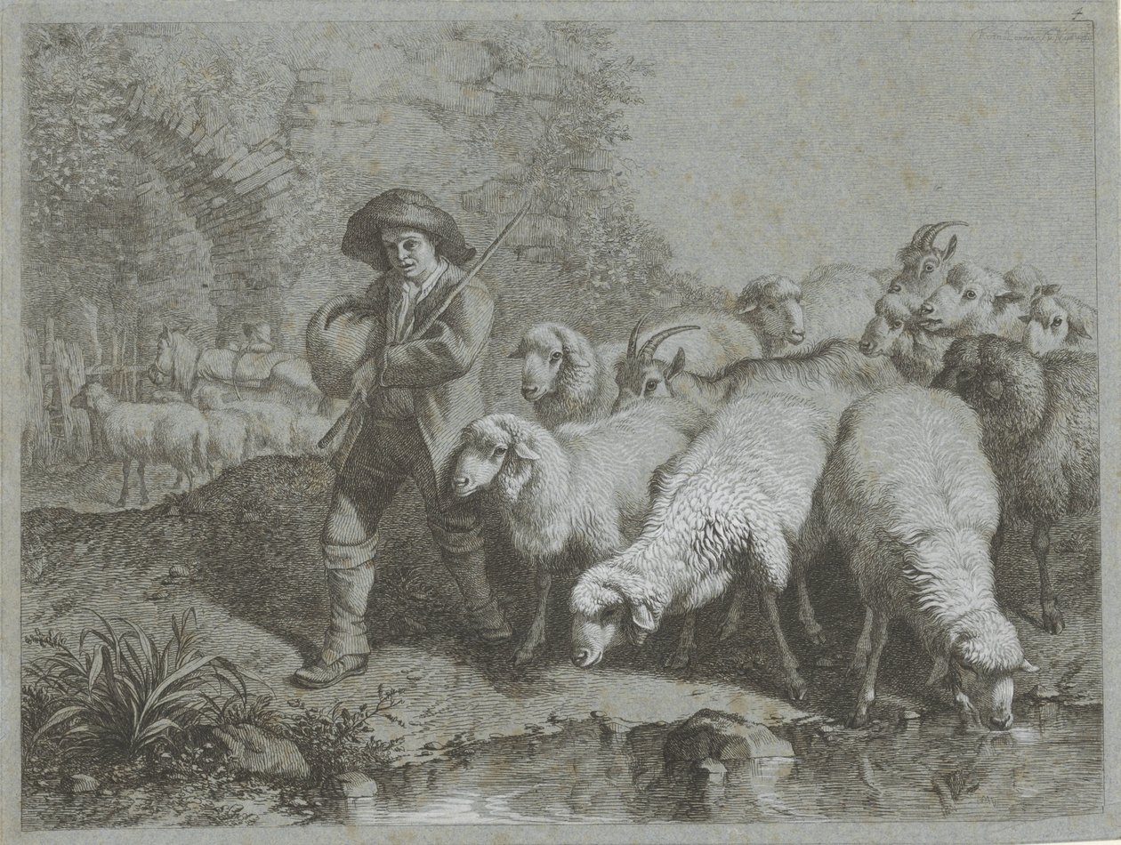 Herde med flock får och getter Shepherd-scener (serietitel) av Francesco Londonio