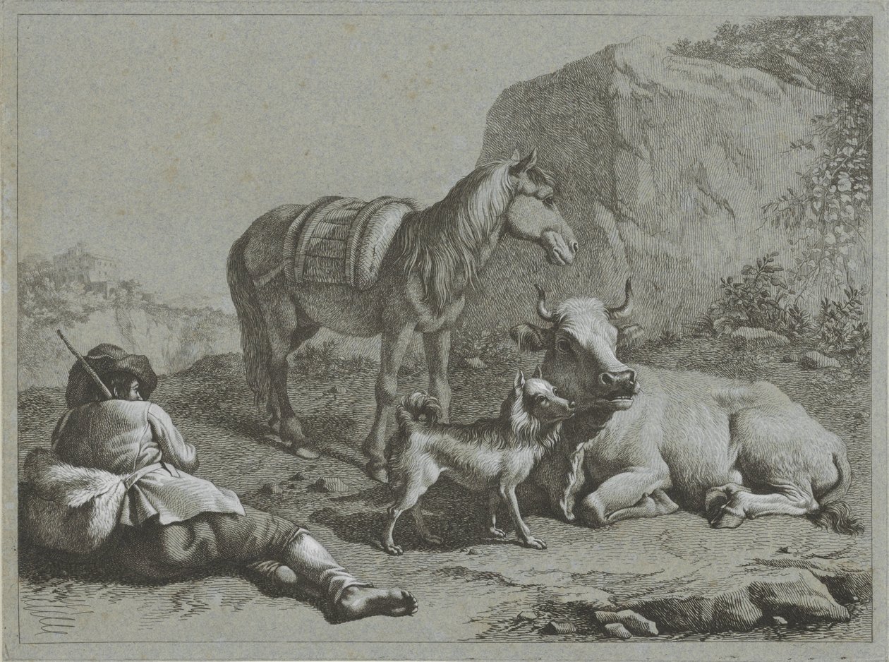 Liggande herde med häst, ko och hund Shepherd Scenes (serietitel) av Francesco Londonio