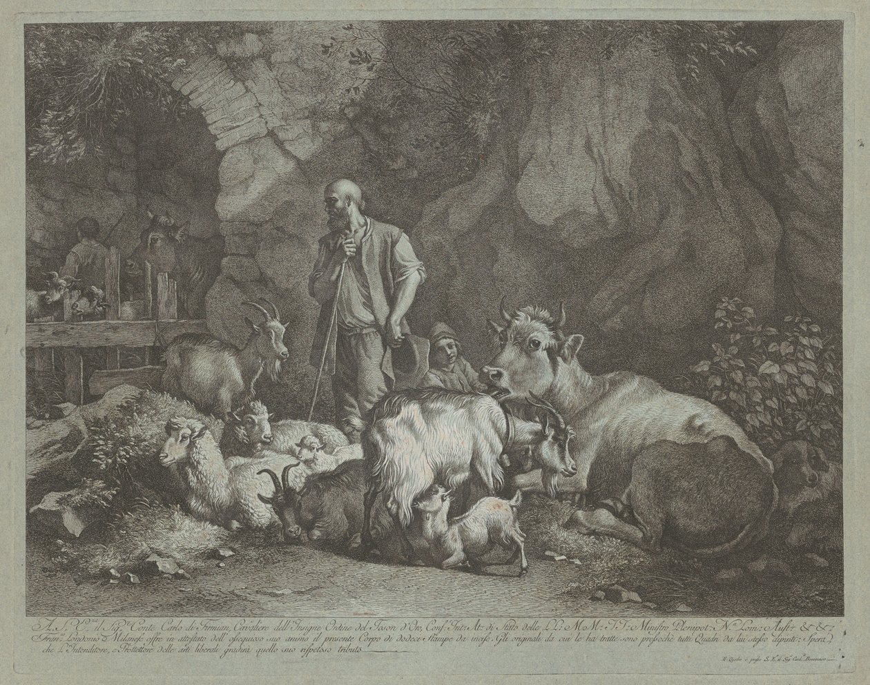 Gammal, skallig herde, sittande herdepojke och flock av Francesco Londonio