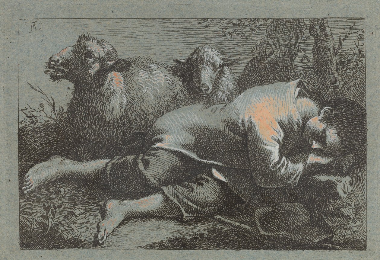 Bondpojke sover nära två får, 17581759. av Francesco Londonio