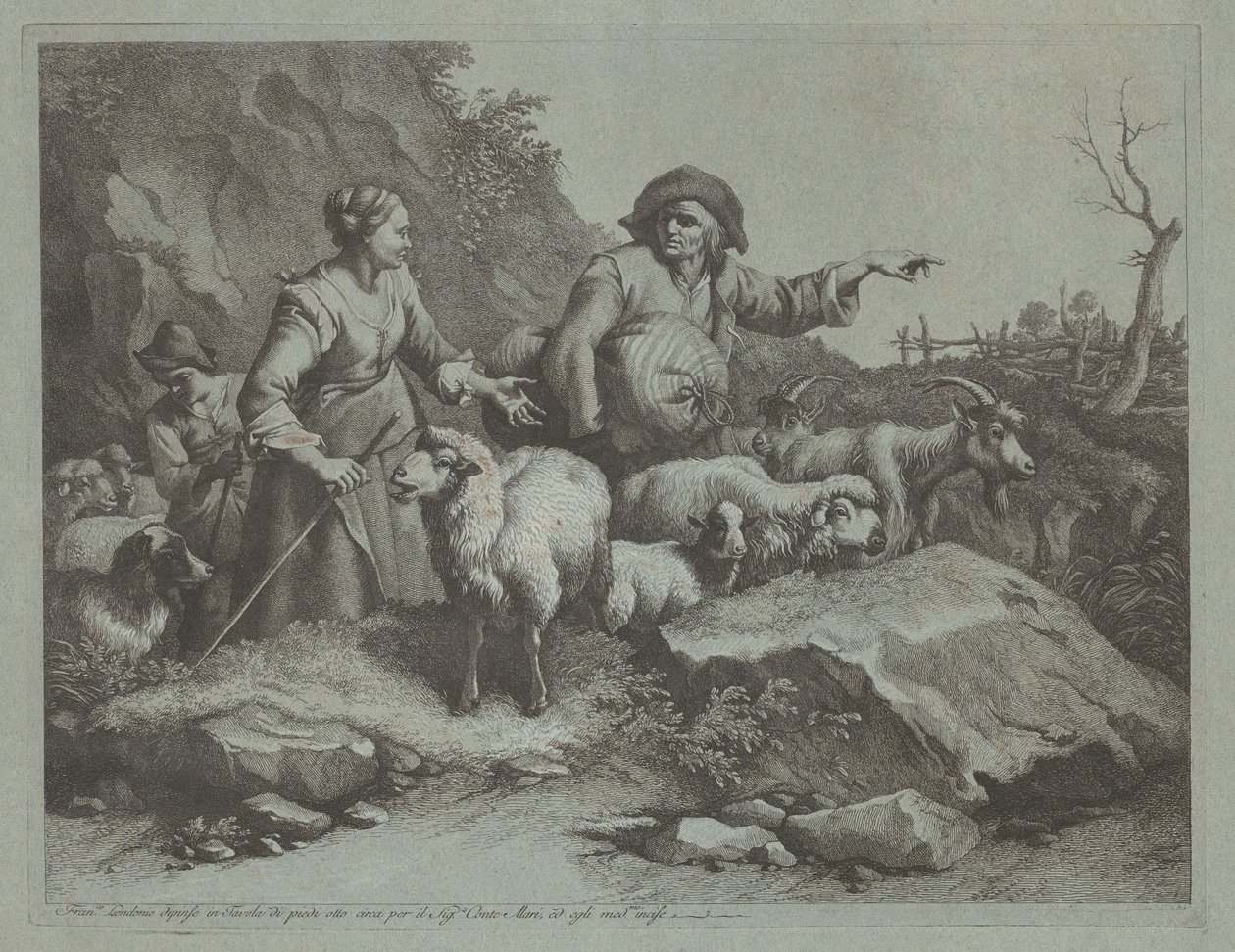 Bonde med säck och två herdinnor, efter 1765. av Francesco Londonio