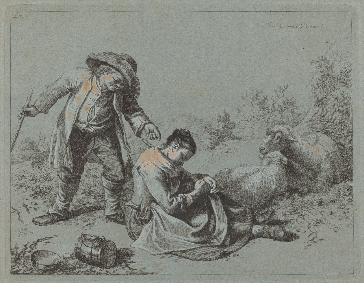 Bonde retar en sovande flicka med en kvist, 1763. av Francesco Londonio