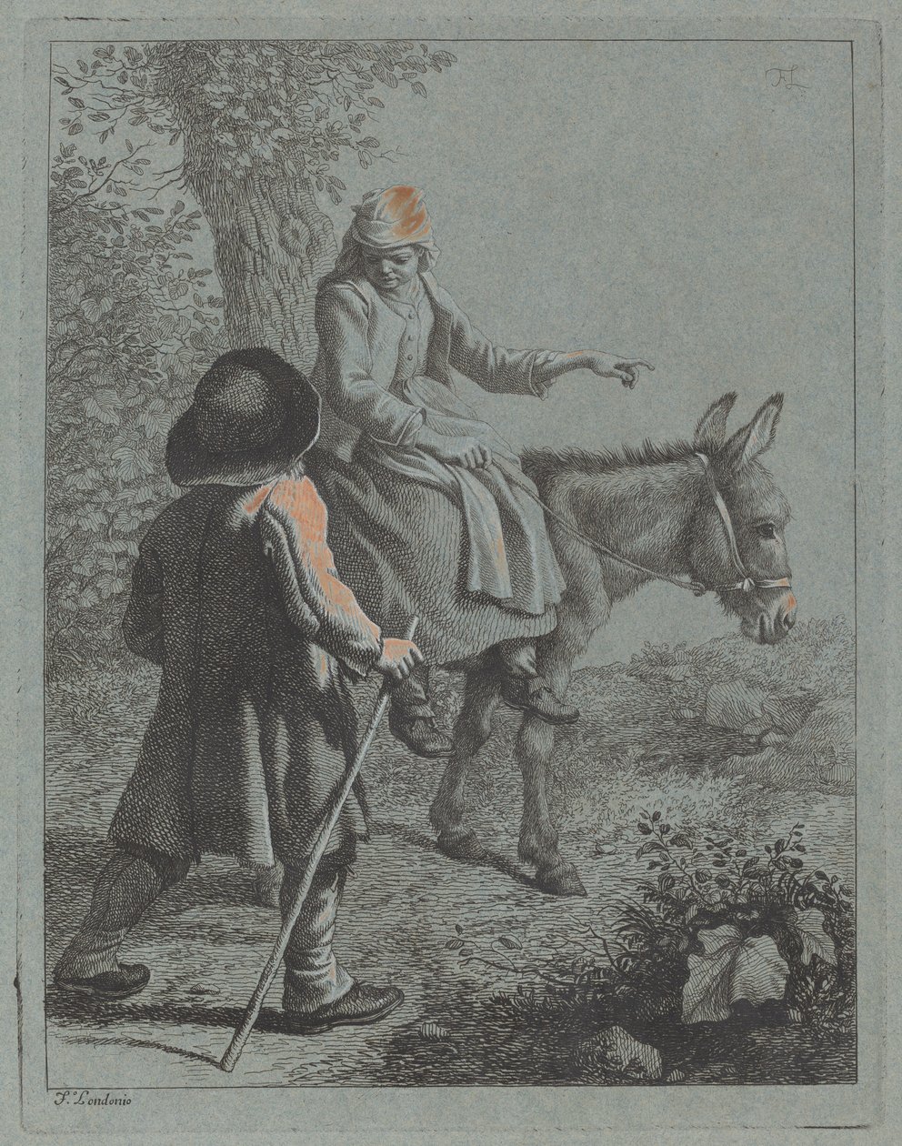 Bondekvinna som sitter på en åsna och en bondman. av Francesco Londonio