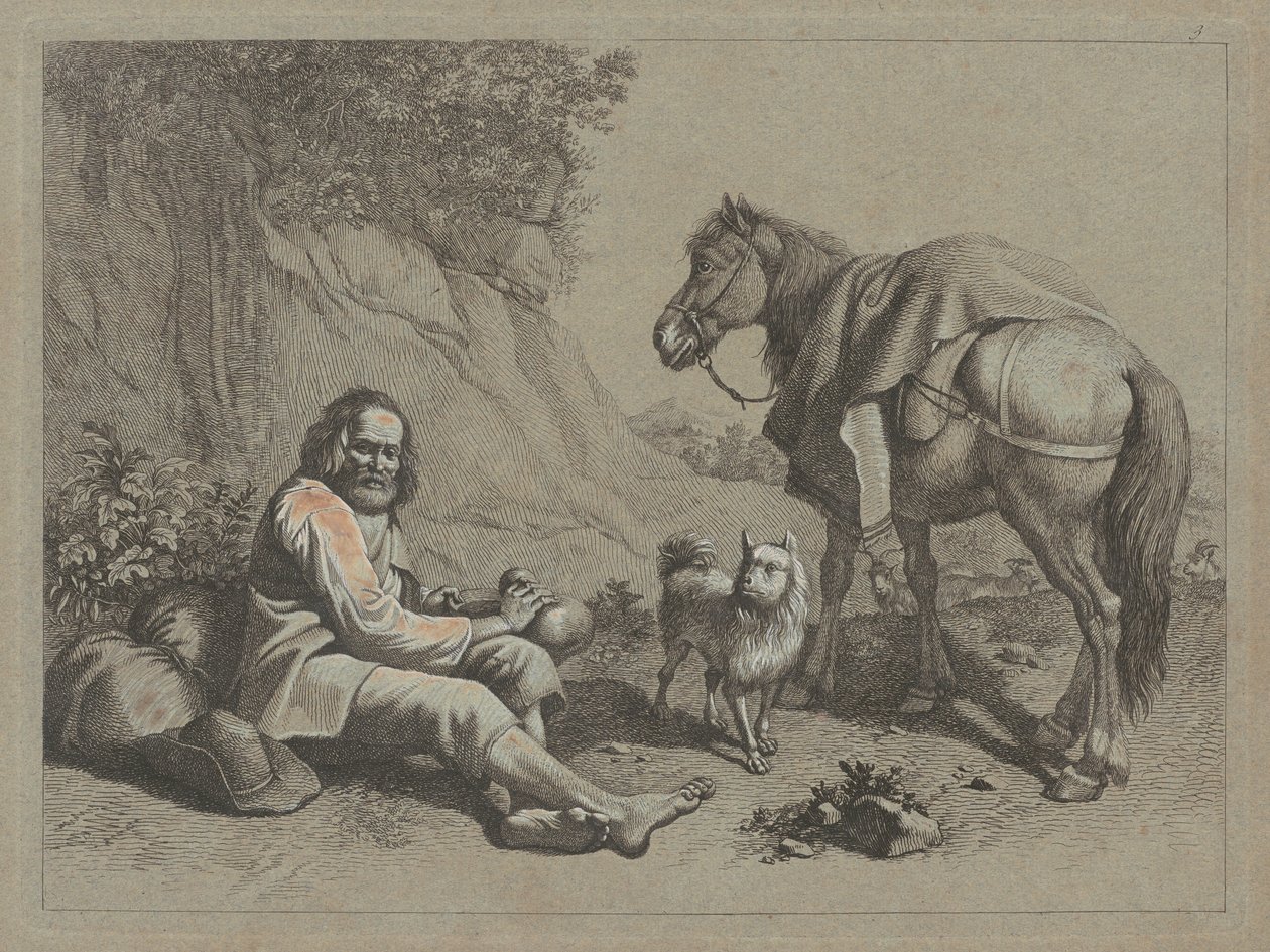 Sittande gammal man på väg att dricka ur en kalebass, ca. 1763. av Francesco Londonio