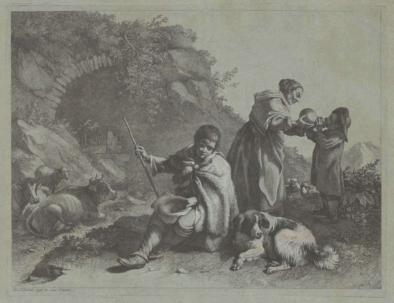 Sittande herdepojke och kvinna som ger en drink till ett barn, 17591782. av Francesco Londonio
