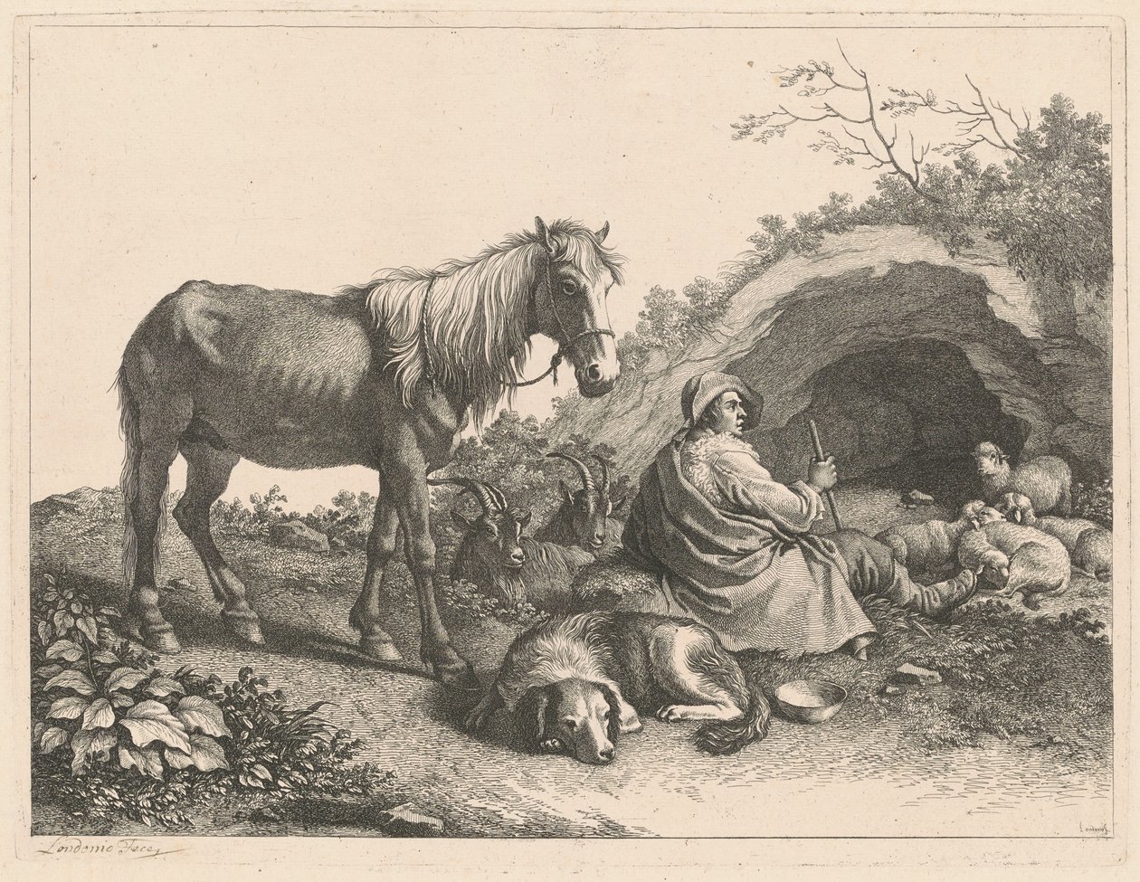 Sittande herde med häst, hund, getter och får, efter 1776. av Francesco Londonio