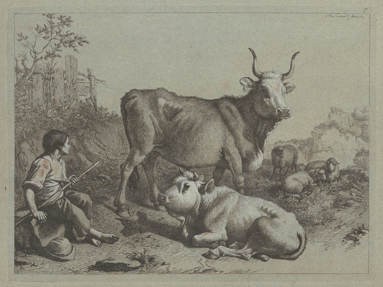 Sittande herde med en tjur och tjur, 1763. av Francesco Londonio