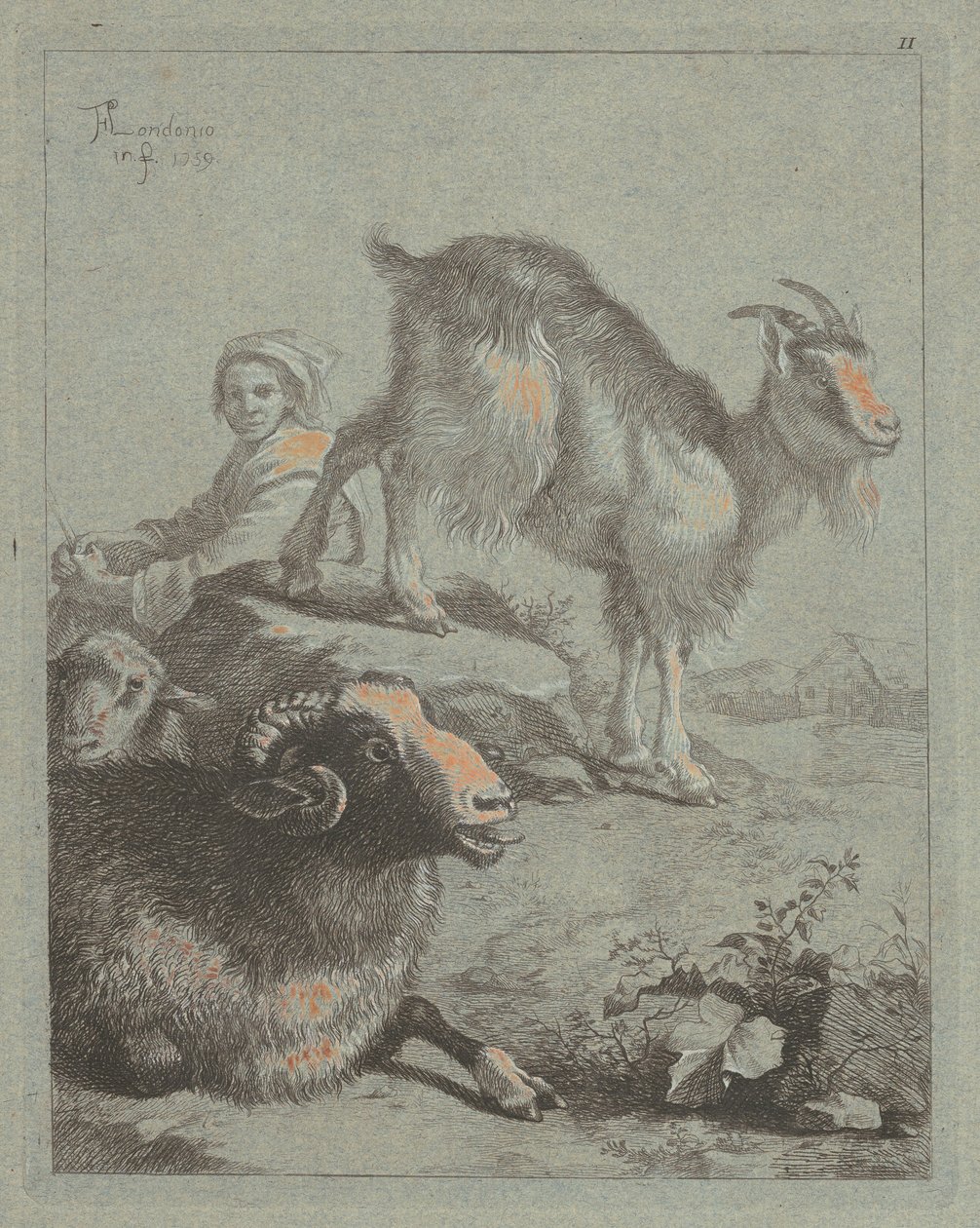 Sittande herdinna, en bagge, ett får och en get, 1759. av Francesco Londonio
