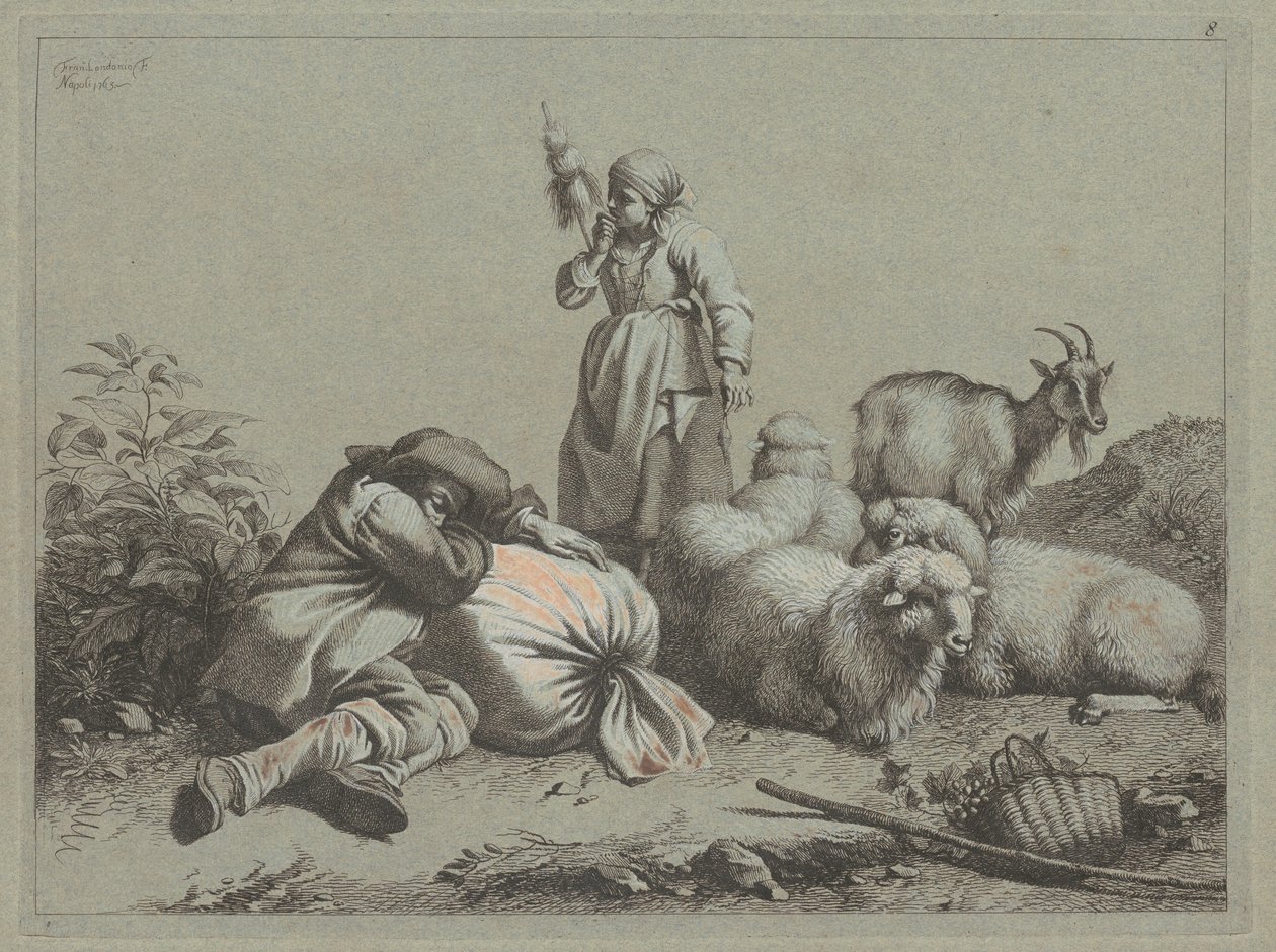 Sovande bonde och stående spinnare, 1763. av Francesco Londonio