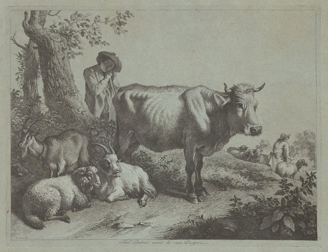 Stående ko och en herdepojke med flock, 1760-talet. av Francesco Londonio