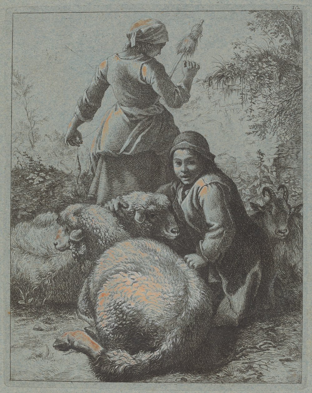 Spinnerkvinna och en herde med flock, 17581759. av Francesco Londonio