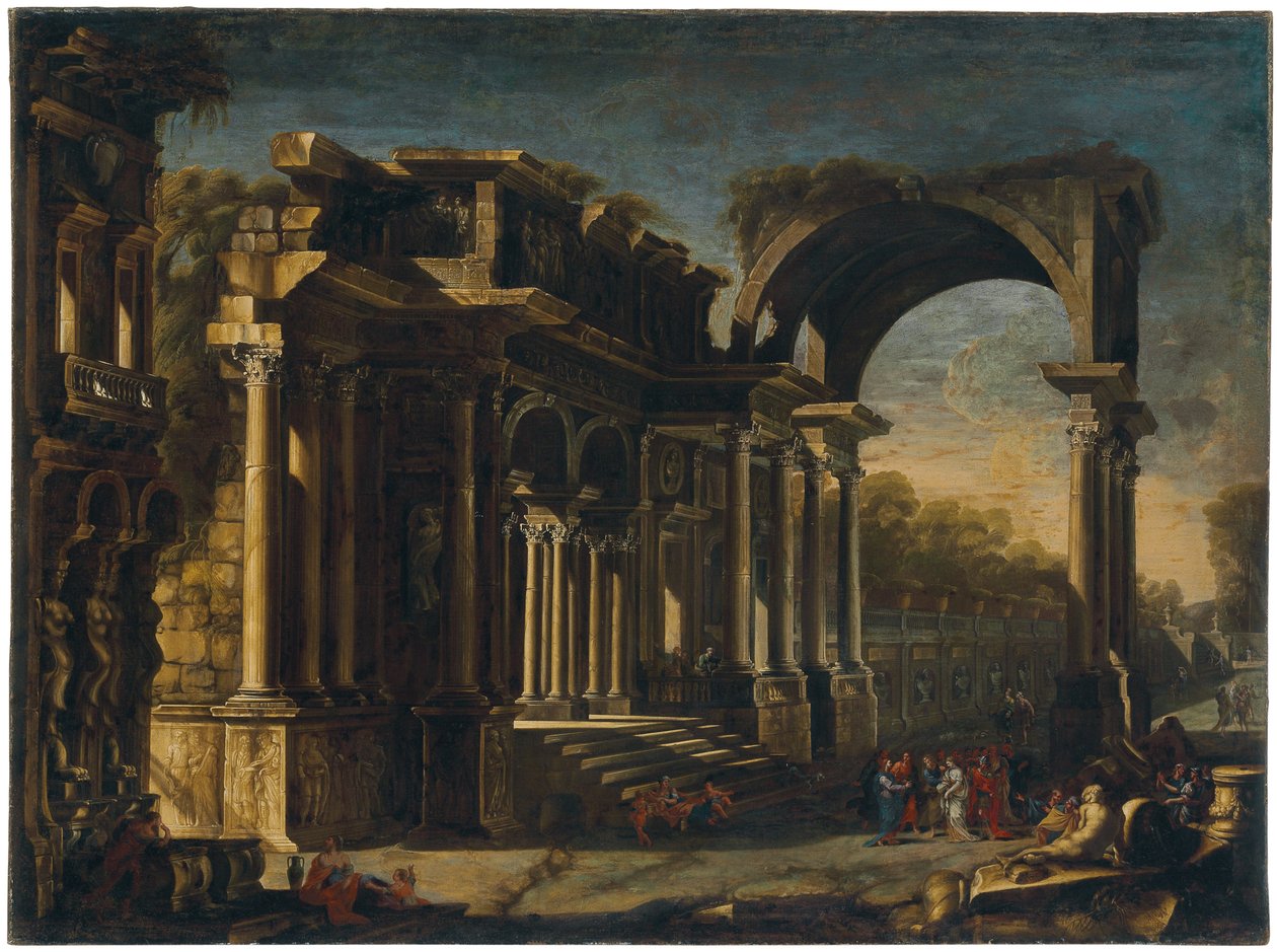Capriccio med romerska ruiner och Kristus med kvinnan tagen i äktenskapsbrott av Francesco Maglioli