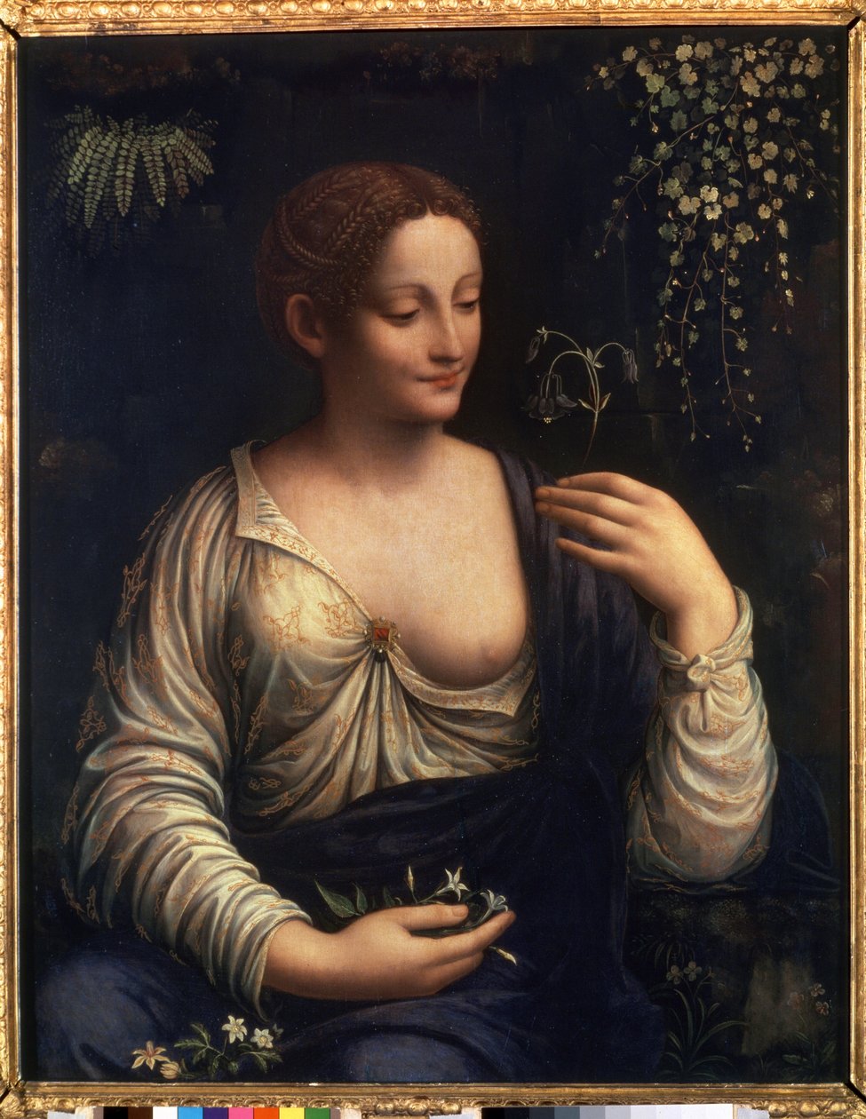""Flore"" (フローラ) フランチェスコ・メルツィ (1493-1570 年頃) による絵画 1510-1515 Dim. 76x63 cm エルミタージュ美術館 サンクトペテルブルクスウェーデン語 av Francesco Melzi or Melzo