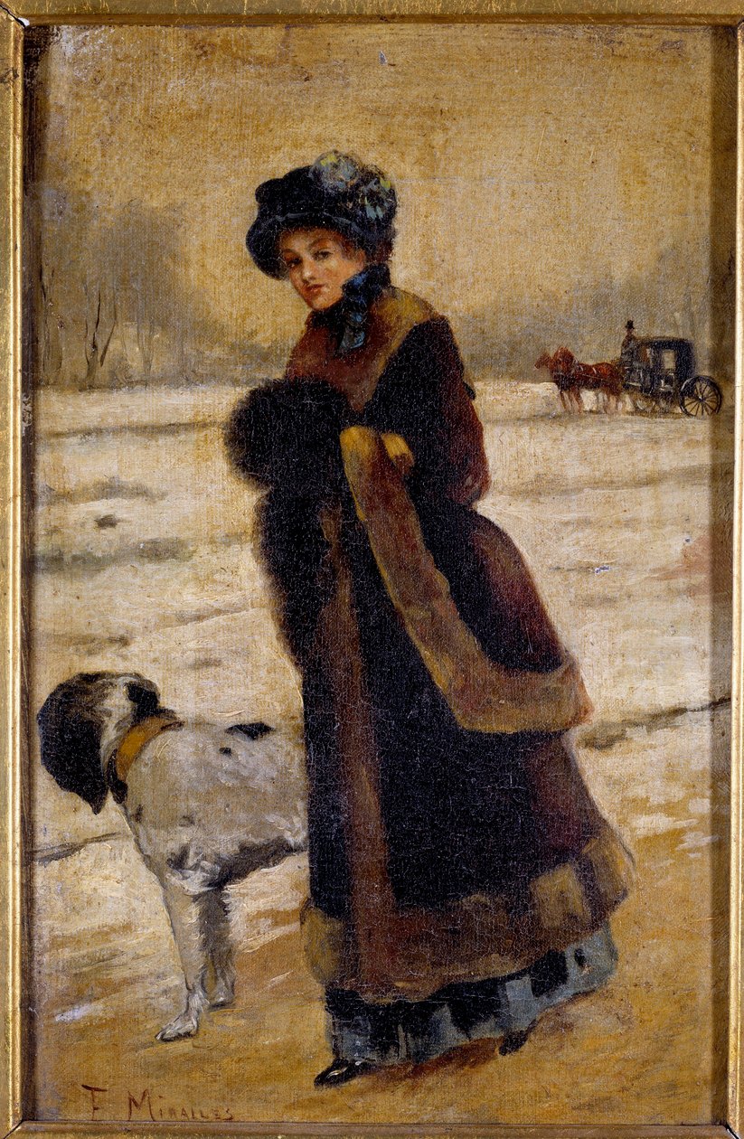 Ung kvinna med en hund Ung borgare som bär en päls och en ärm. Målning av Francisco Miralles Galup (1848-1901) Privat samling från 1800-talet av Francesco Miralles Galaup