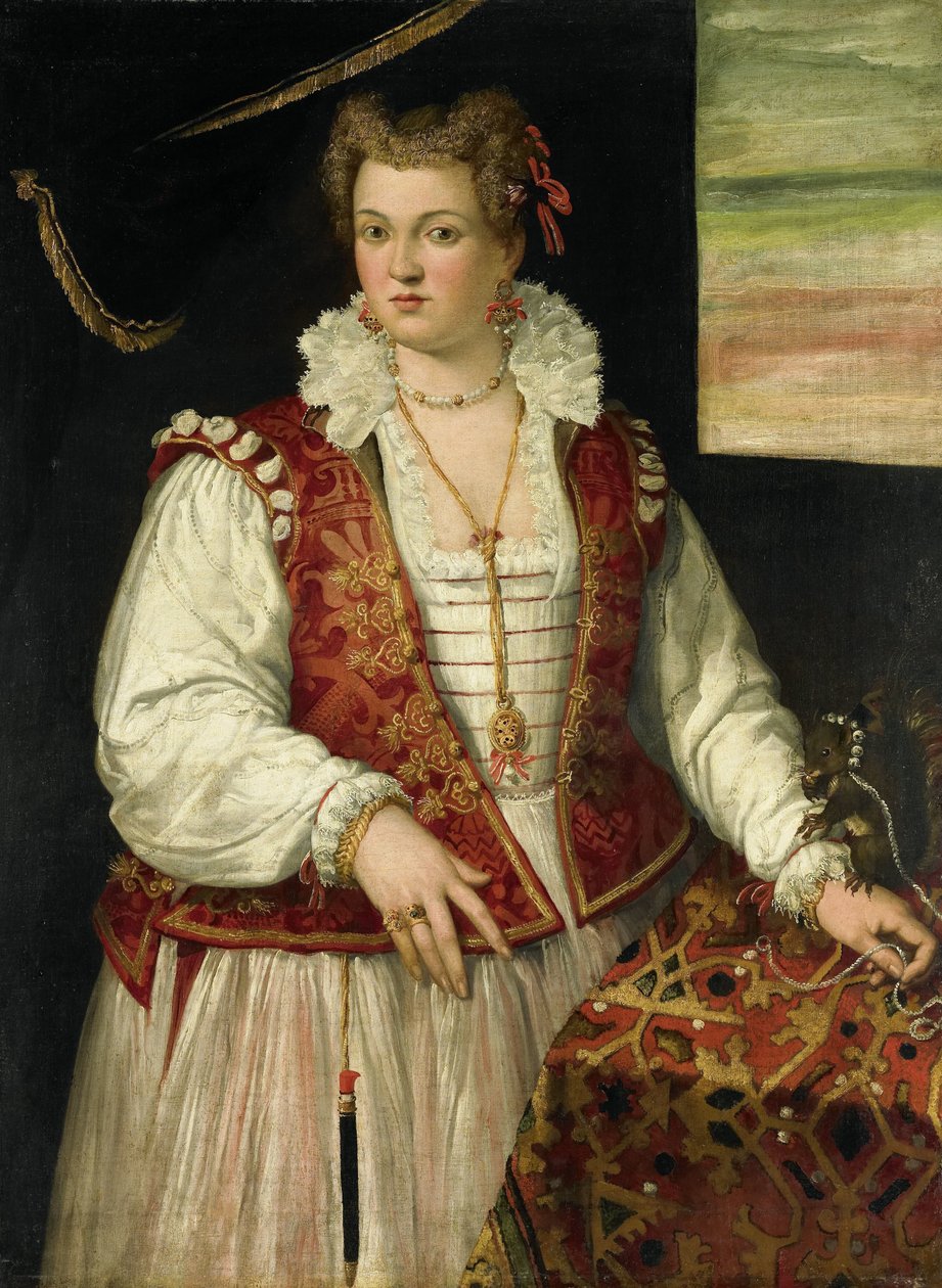 Porträtt av en kvinna med en ekorre av Francesco Montemezzano (attributed to)