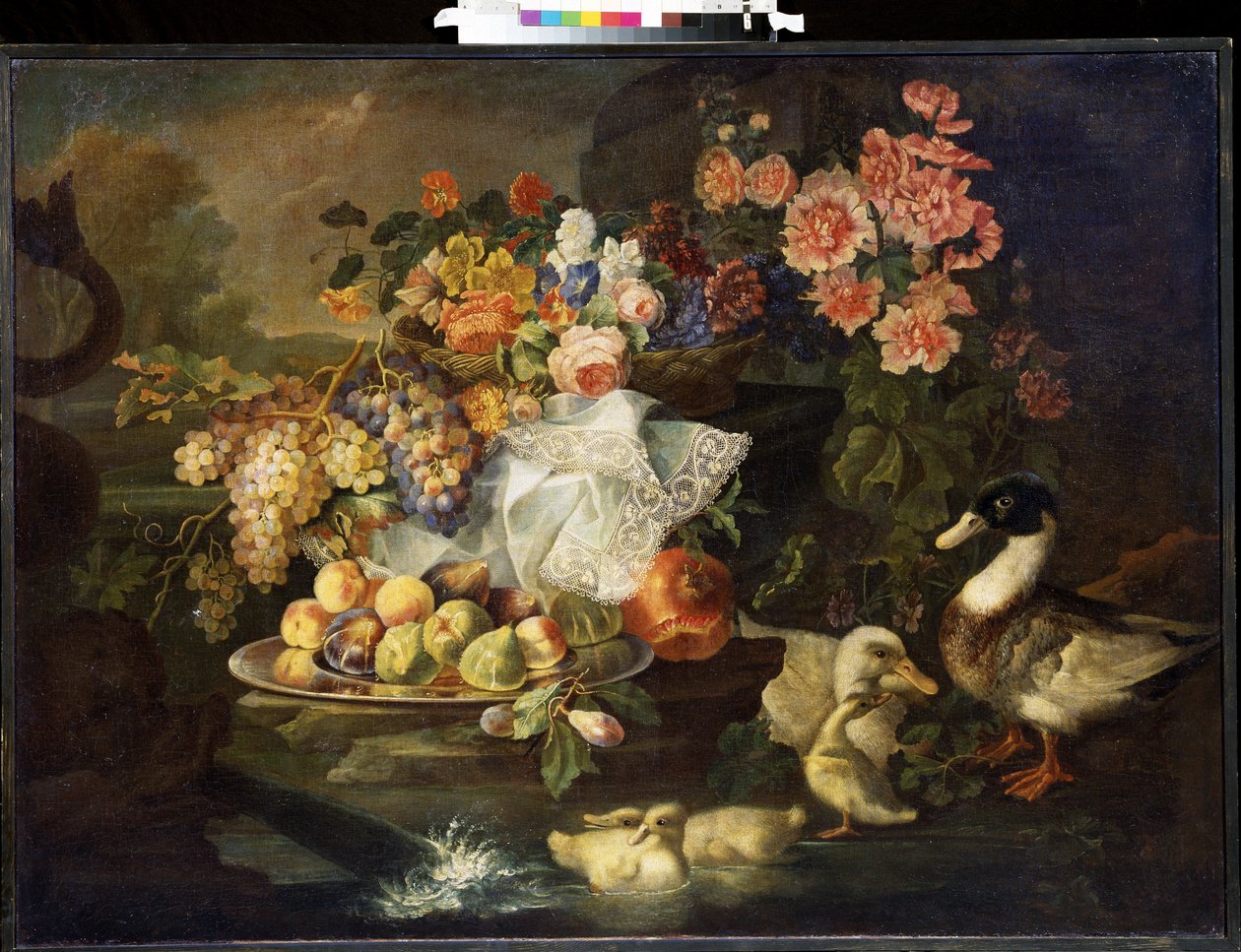 Stilleben med blommor och en anka. Stilleben med frukter och ankor. Målning av Francesco Morosini (mitten av 1700-talet). Olja på duk. Italiensk konst, barockstil. Mikhail Kroshitsky konstmuseum, Sevastopol (Sevastopol) Ukraina av Francesco Morosini