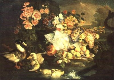 Stilleben av frukt och blommor med en anka, drake och ankungar av Francesco Morosini