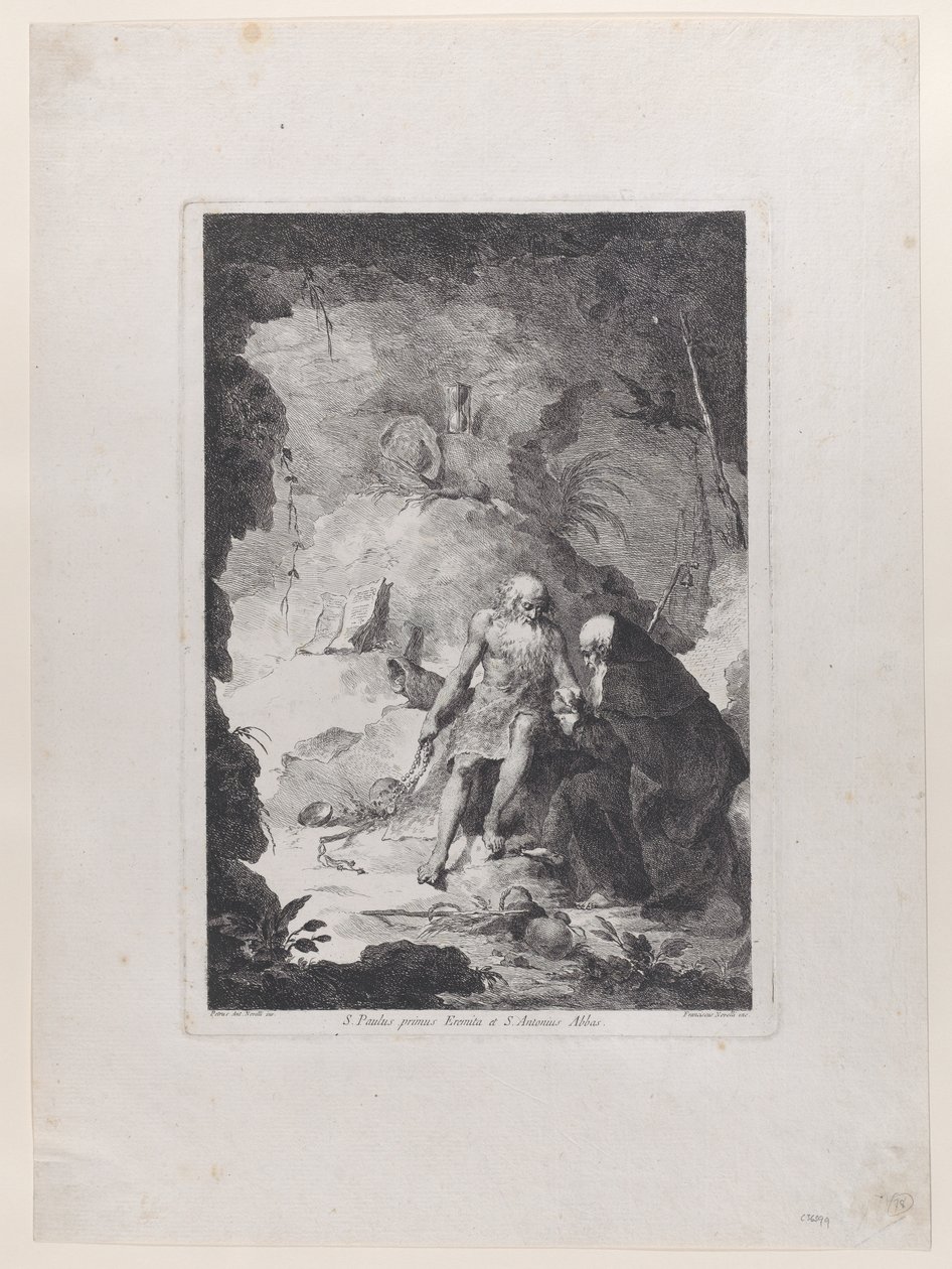 Eremiten Paulus och Sankt Antonius abbot samtalar i ett landskap, efter Pi..., ca. 1784-1836. av Francesco Novelli