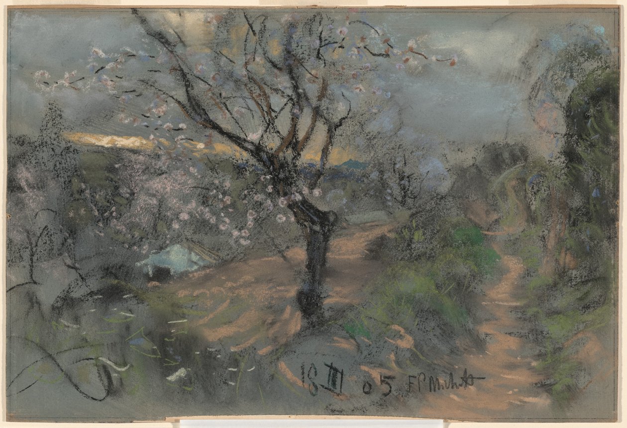 En sluttningsstig med blommande körsbärsträd under en mulen himmel av Francesco Paolo Michetti
