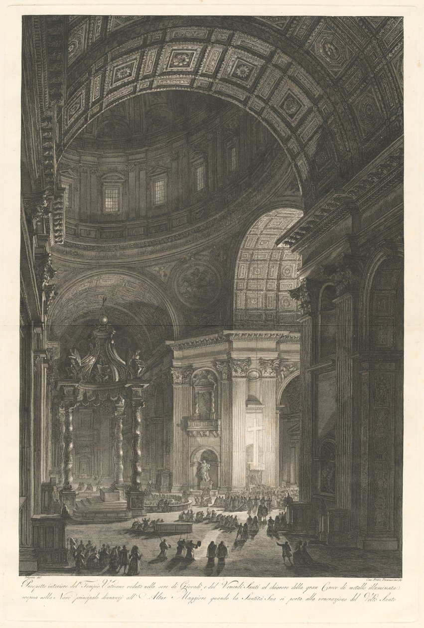 Peterskyrkans interiör, med belysningen av Peters kors av Francesco Piranesi