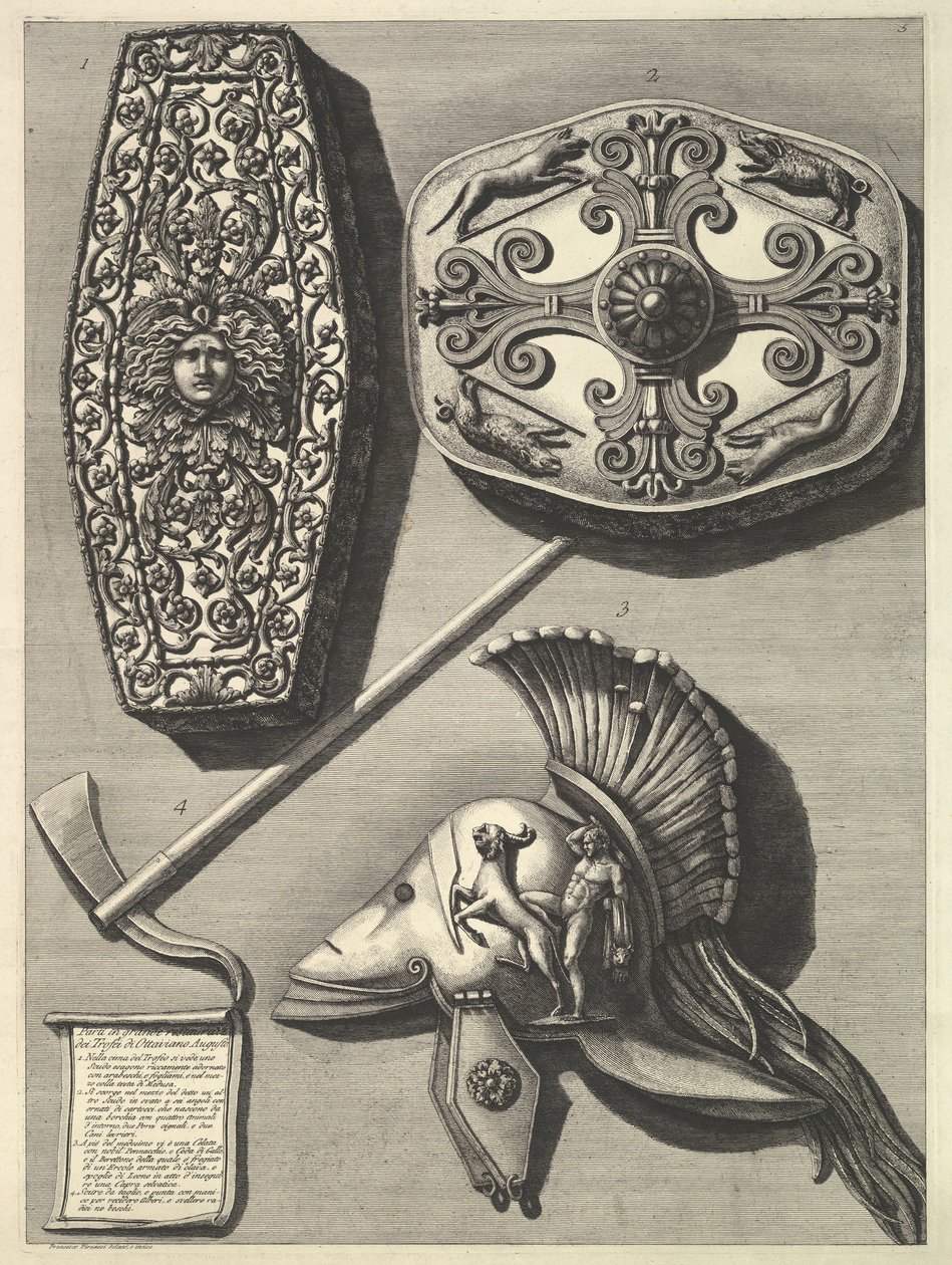 Delar i stort restaurerade av Trofei de Ottaviano Augusto Restaurerad detalj av Tro ..., ca. 1753. av Francesco Piranesi