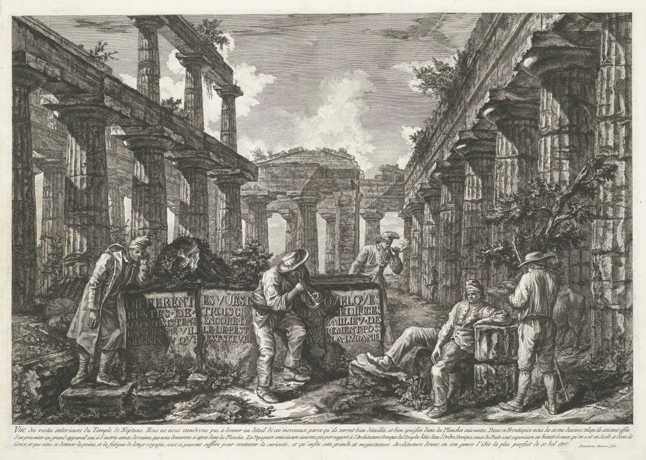 Titeltryck med rester av Neptunus tempel i Paestum med titel på block Olika vyer av resterna av tre stora byggnader som fortfarande står kvar vid Paestum (serietitel) Différentes vues de quelques restes de trois grands édifices qui av Francesco Piranesi