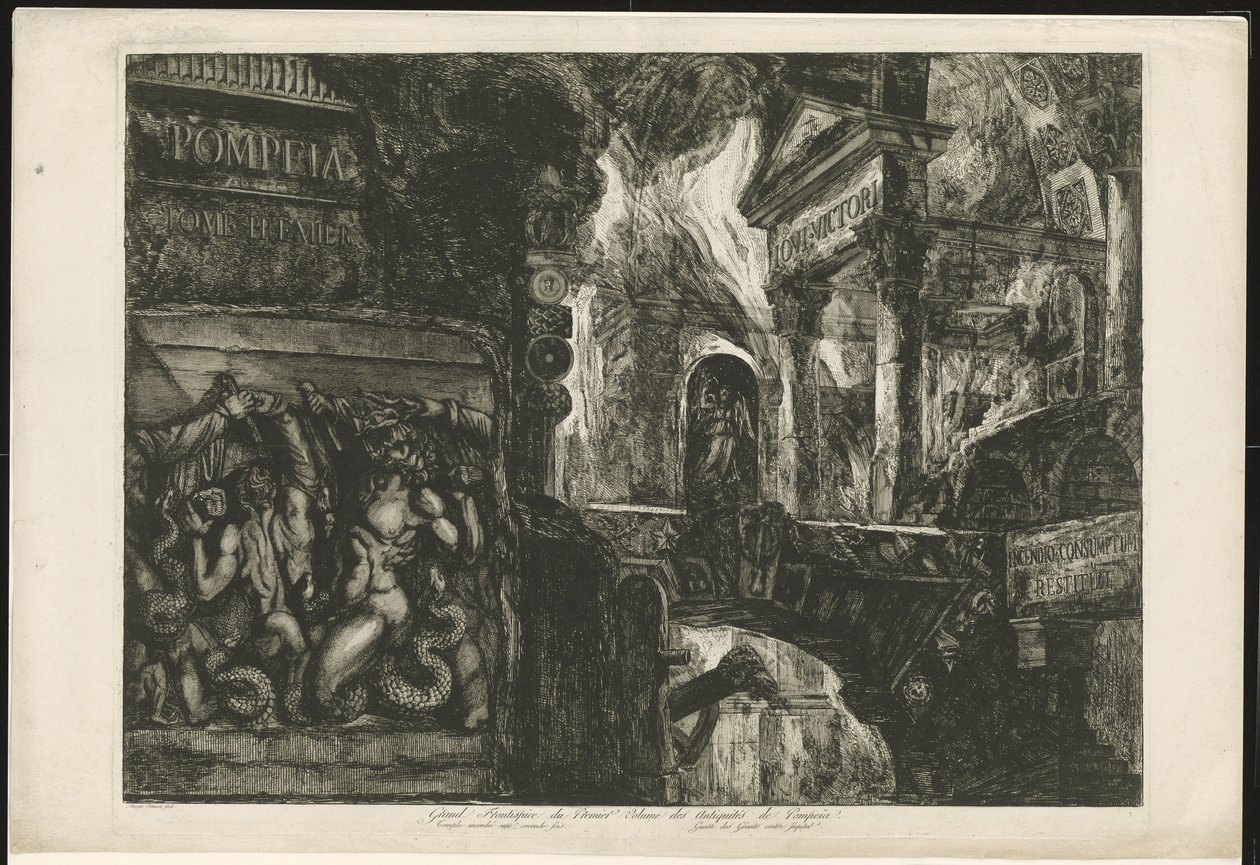 Titelprent sätter tempel i byggfragmenten Pompeia Tome Premier (titel på objekt) Stor frontispice av den första volymen av Pompeïas antikviteter / Templet bränt en andra gång / Jättarnas krig mot Jupiter (titel på objektet) av Francesco Piranesi