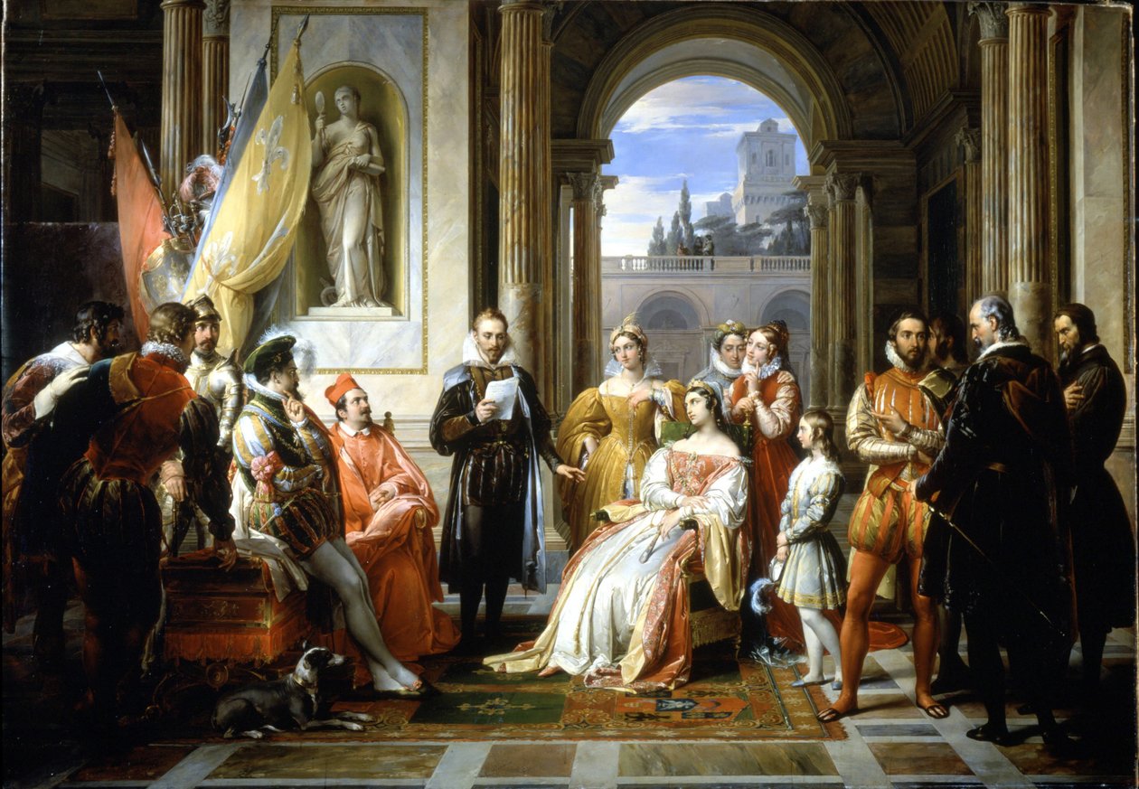 Torquato Tasso (Le Muche) läser sitt Jerusalem delivree (Det befriade Jerusalem) vid hovet i Ferrara. Målning av Francesco Podesti (1800-1895) av Francesco Podesti
