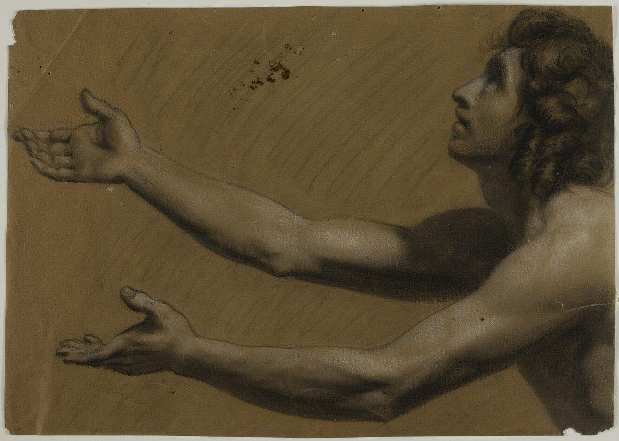 Ung man tittar uppåt med utsträckta armar (recto); Kvinna håller spegel (verso) av Francesco Podesti