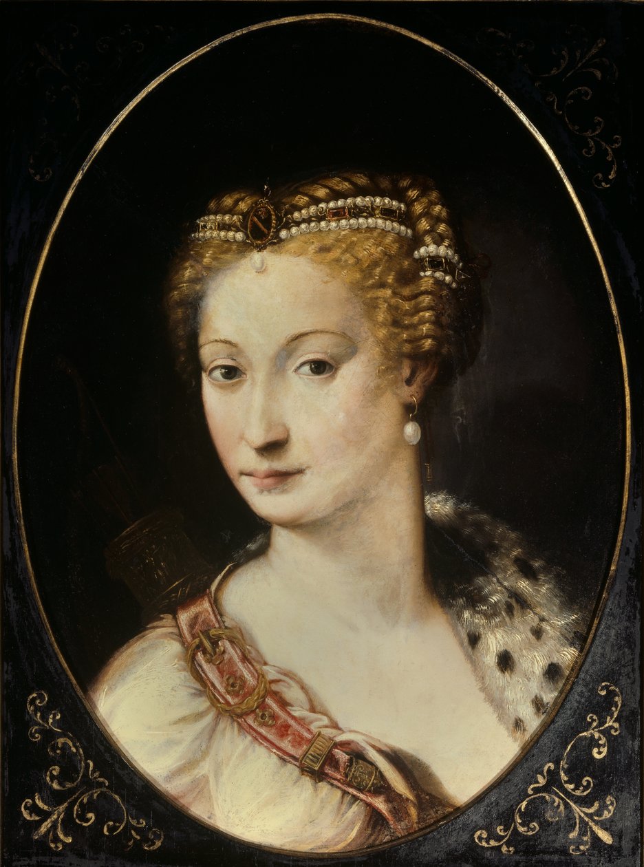 Porträtt av Diane de Poitiers (1499 - 1566) Damen av Breze, hertiginnan av Valentinois. Målning av Francesco Primaticcio, känd som The Primatice (1504 - 1570) av Francesco Primaticcio