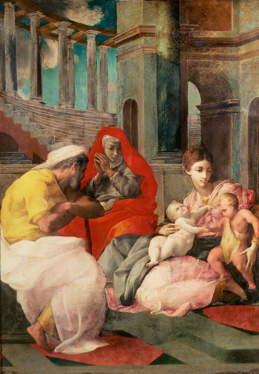 Den heliga familjen med St. Elizabeth och St. John the Baptist, 1541-3 (olja på skiffer) av Francesco Primaticcio