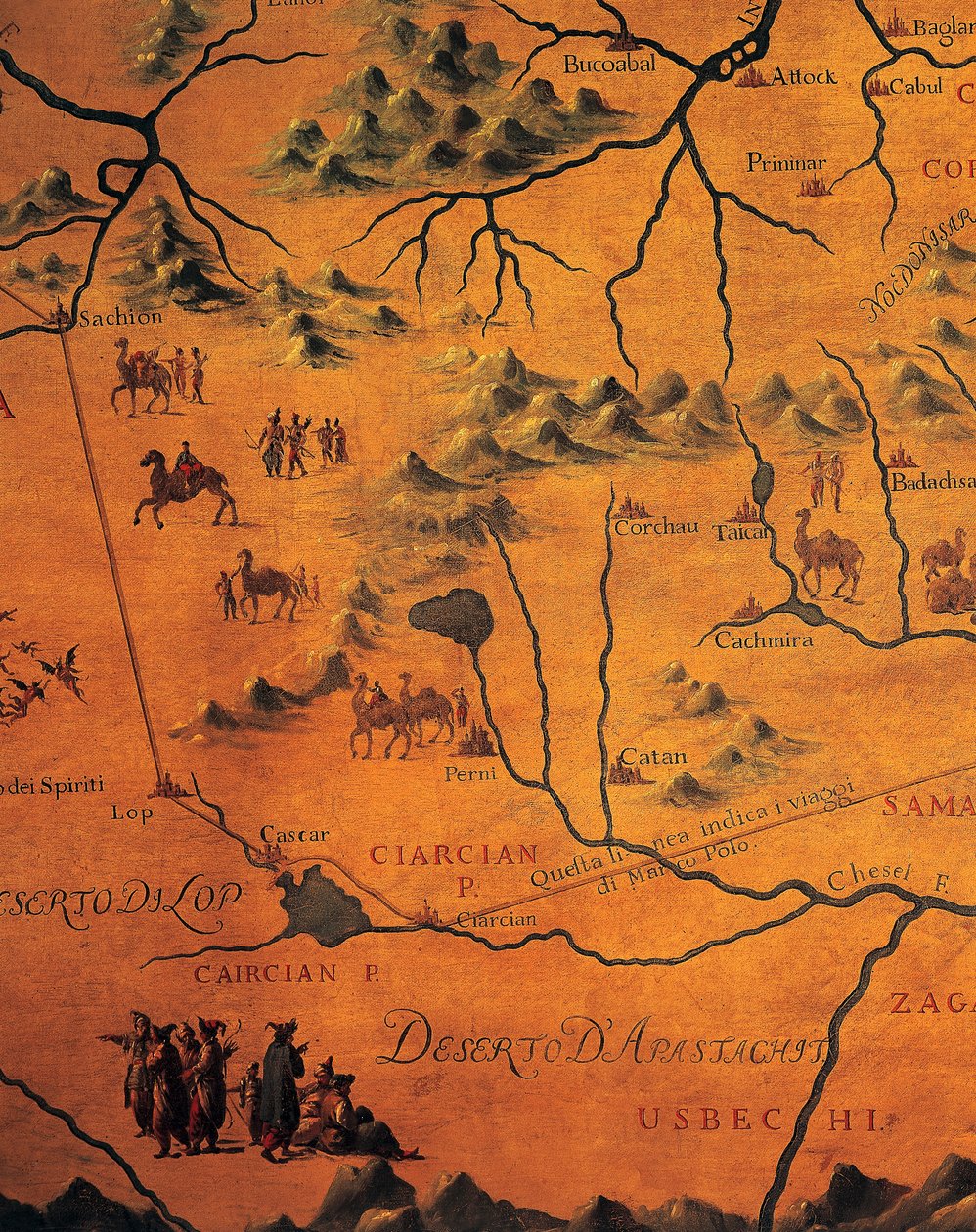 Detalj av Marco Polos väg över östra öknar, karta över Tartary av Francesco and Ramusio Giovan Battista Grisellini
