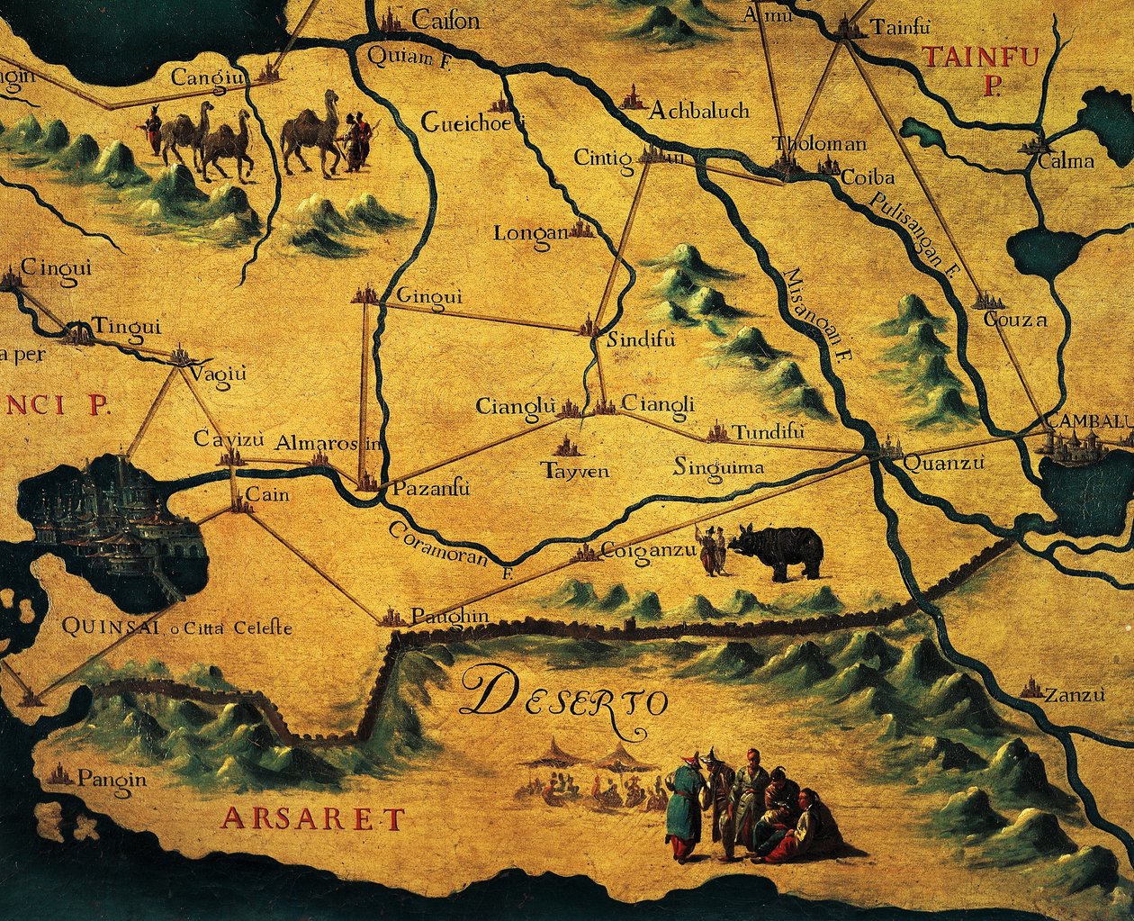 Marco Polos väg över östra öknar, karta över Tartary av Francesco and Ramusio Giovan Battista Grisellini