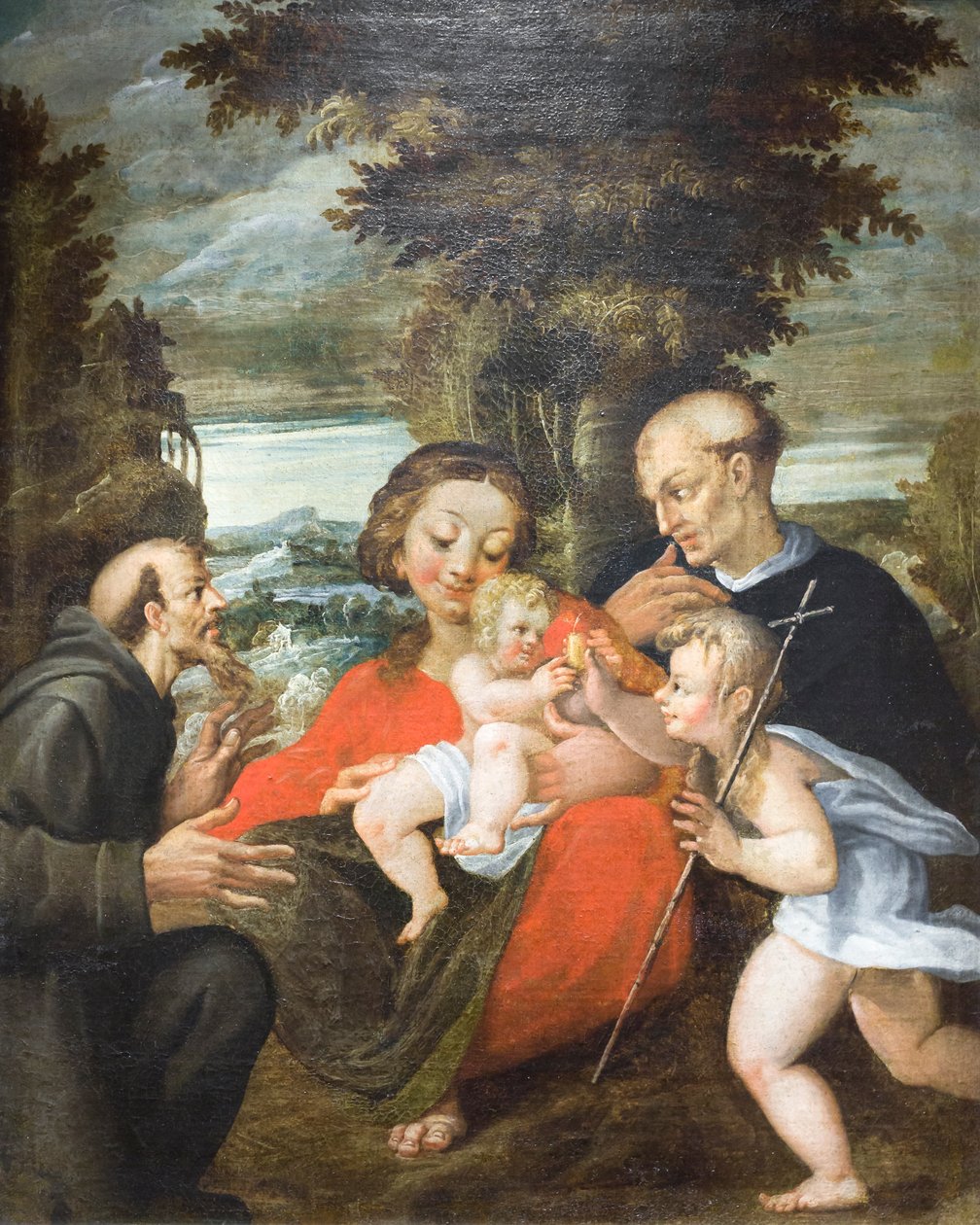 Madonna med barn, S:t Johannes, S:t Franciskus och ett benediktinskt helgon (olja på duk) av Francesco Rondani