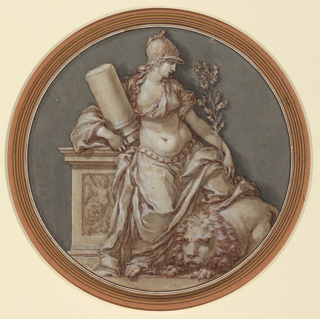 Allegory of Fortitude (penna och brunt bläck med grå och brun lav, upphöjt med vit gouache, över svart krita) av Francesco Rosaspina