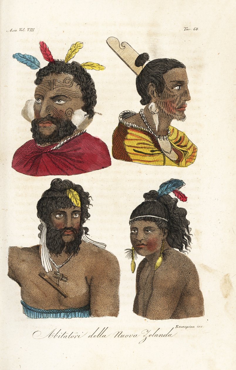 Porträtt av Maori Warriors, Nya Zeeland Män och pojkar med ansiktstatueringar och fjädrar i håret. Handfärgad kopparplåt graverad av Francesco Rosaspina efter William Hodges och Piron från Giulio Ferrarios Ancient and Modern Costumes of All the Peop av Francesco Rosaspina